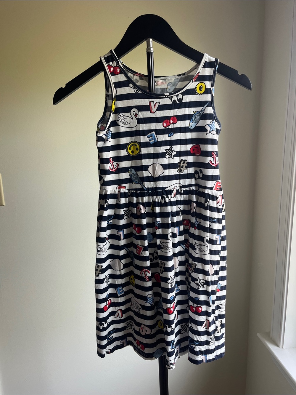H&M Navy and White Striped Sleeveless Dress with Colorful Motifs